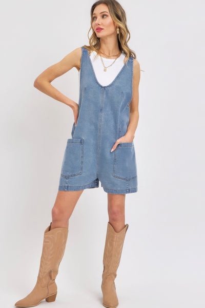 Slouchy Relaxed Fit Denim Overall Romper - Fashions Envy