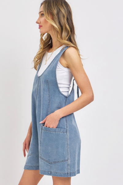 Slouchy Relaxed Fit Denim Overall Romper - Fashions Envy