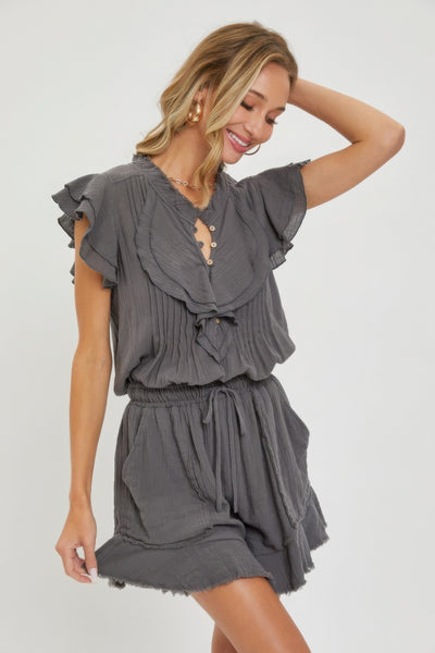 Smocked Drawstring Waistband Ruffle Romper
