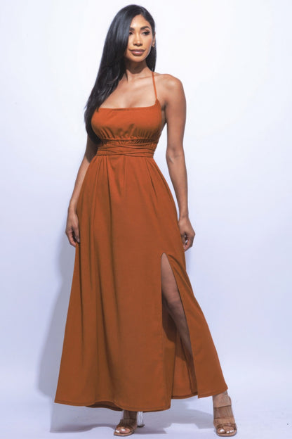 Strappy Tie Back Side Slit Maxi Dress