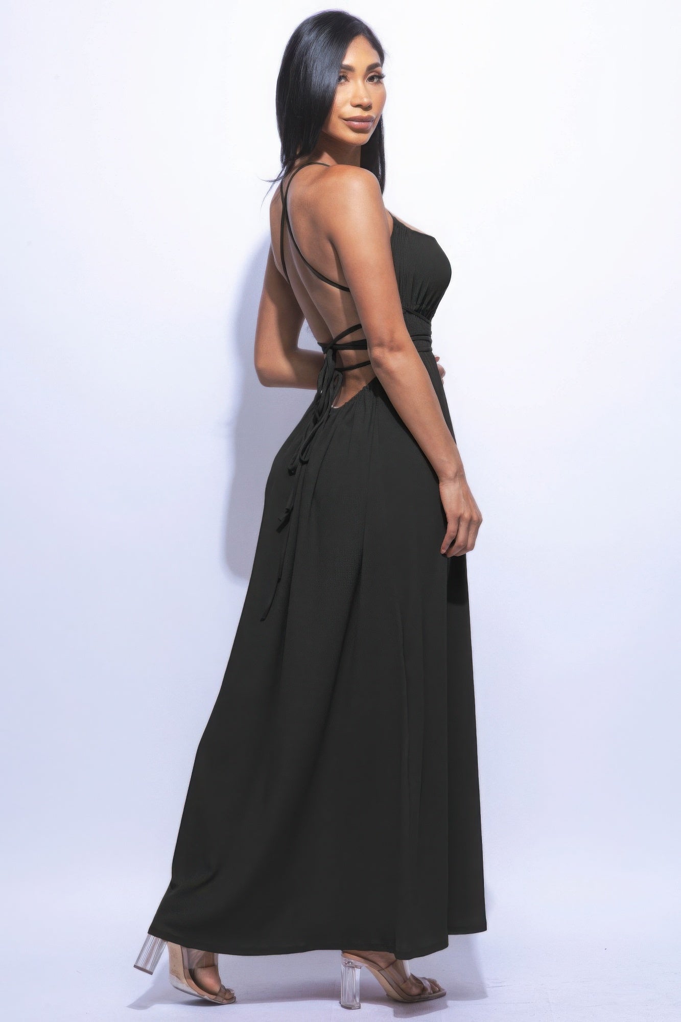 Strappy Tie Back Side Slit Maxi Dress