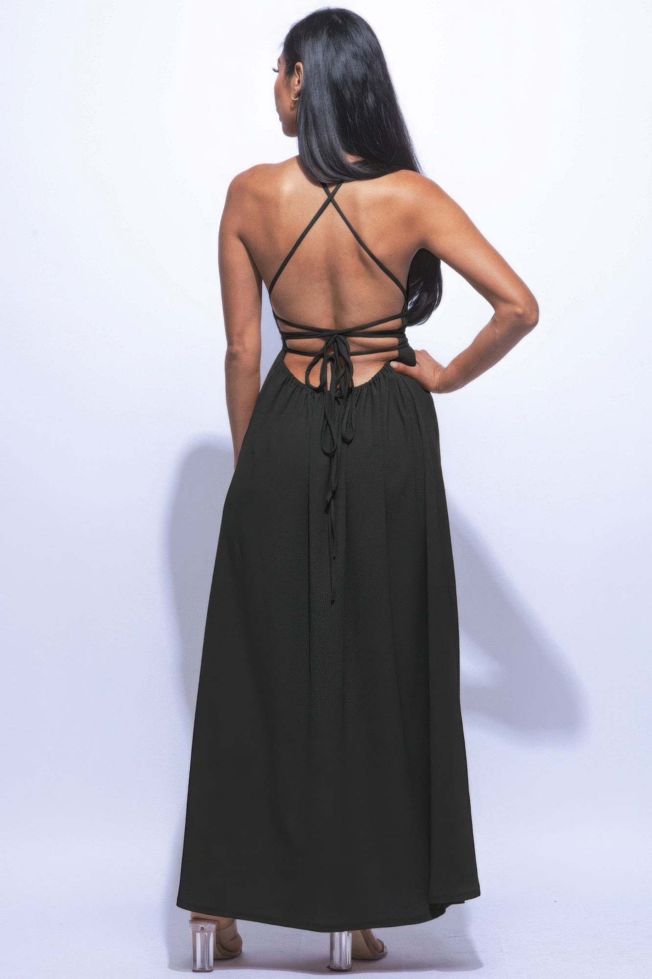 Strappy Tie Back Side Slit Maxi Dress