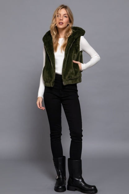 Olive Green Hoodie Faux Fur Vest