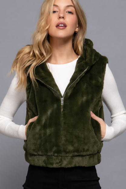 Olive Green Hoodie Faux Fur Vest