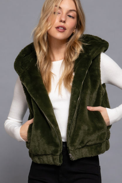 Olive Green Hoodie Faux Fur Vest