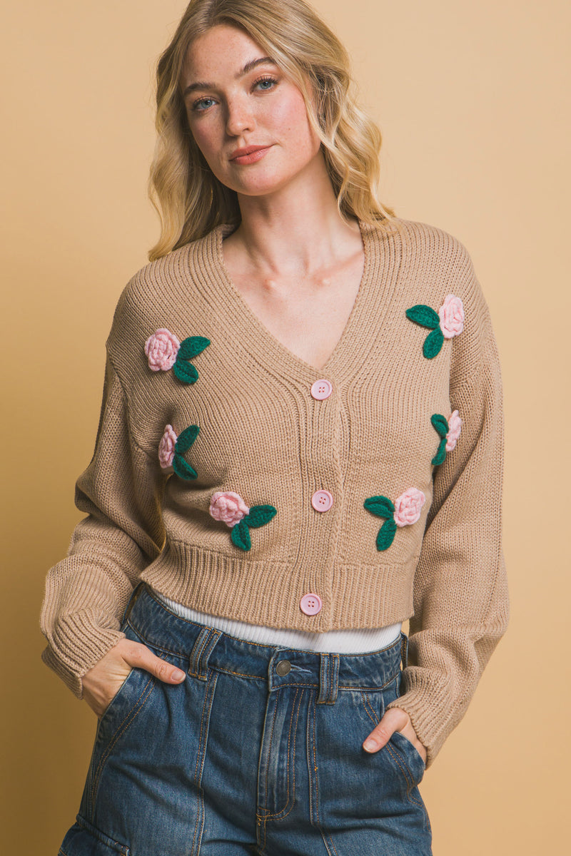 Khaki Mid Cropped Flower Cardigan