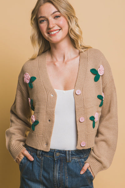 Khaki Mid Cropped Flower Cardigan