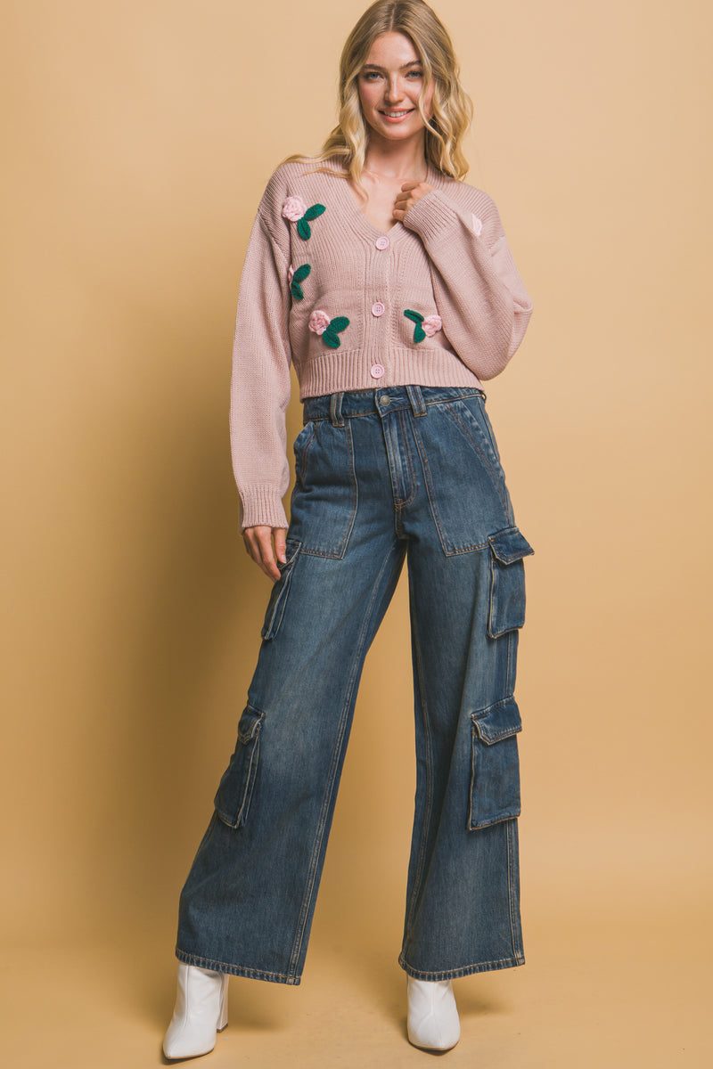 Pink Stone Mid Cropped Flower Cardigan