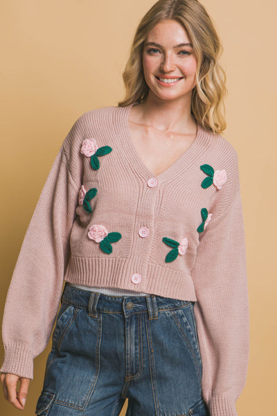 Pink Stone Mid Cropped Flower Cardigan