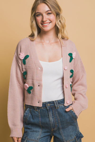 Pink Stone Mid Cropped Flower Cardigan