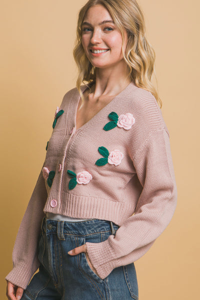 Pink Stone Mid Cropped Flower Cardigan