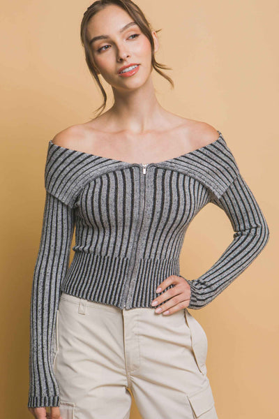 Ribbed Bardot Zip Up Long Sleeve Top