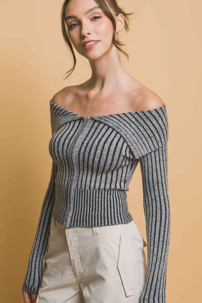 Ribbed Bardot Zip Up Long Sleeve Top