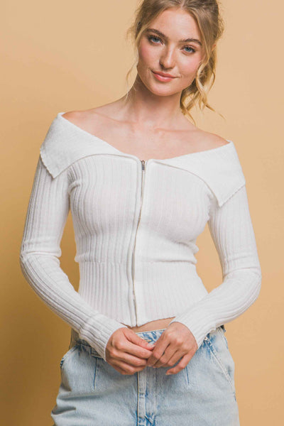 Ribbed Bardot Zip Up Long Sleeve Top
