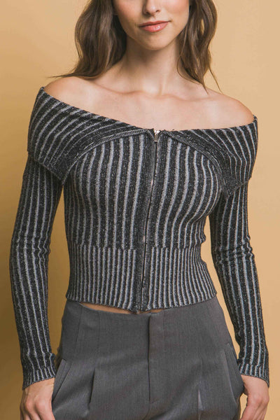 Ribbed Bardot Zip Up Long Sleeve Top