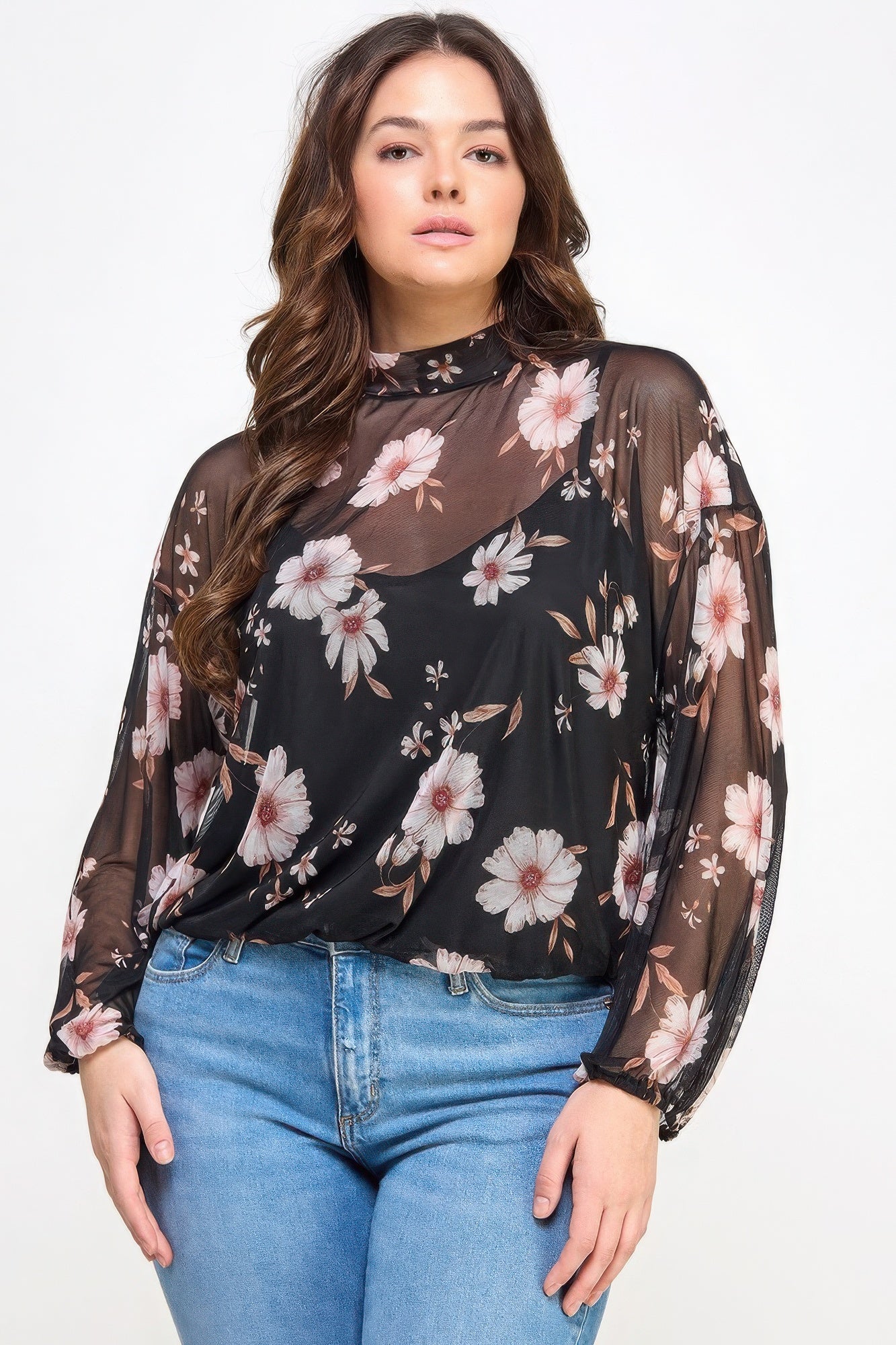 Mesh Floral Long Sleeve Top with Cami