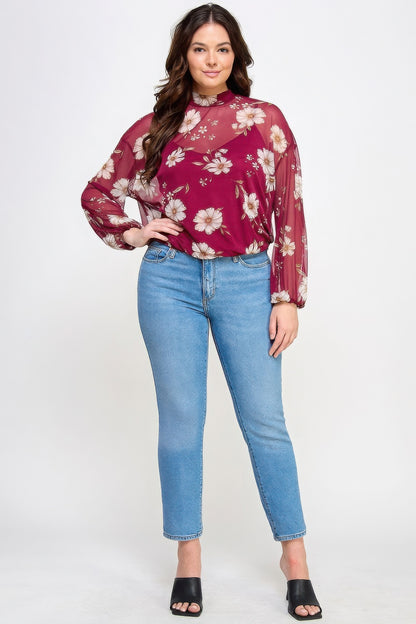 Mesh Floral Long Sleeve Top with Cami