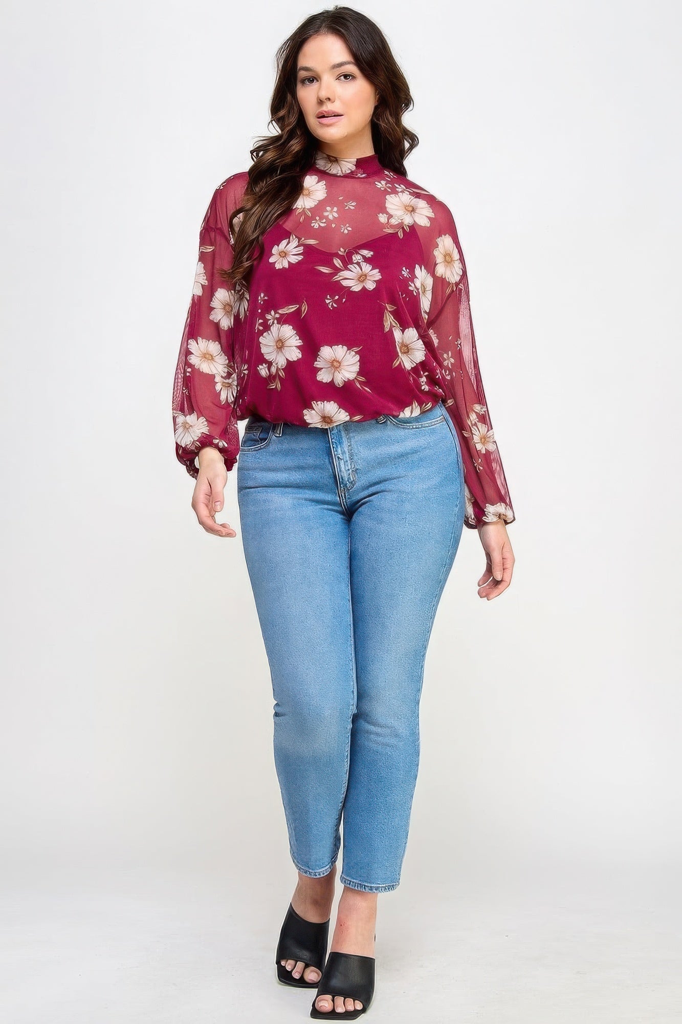 Mesh Floral Long Sleeve Top with Cami