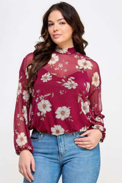 Mesh Floral Long Sleeve Top with Cami