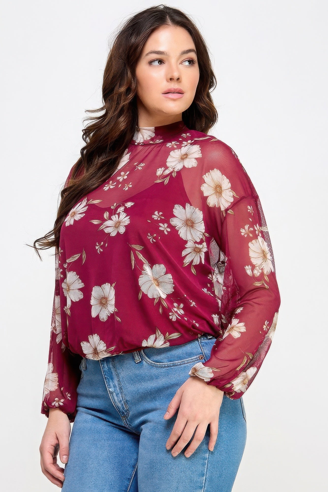 Mesh Floral Long Sleeve Top with Cami