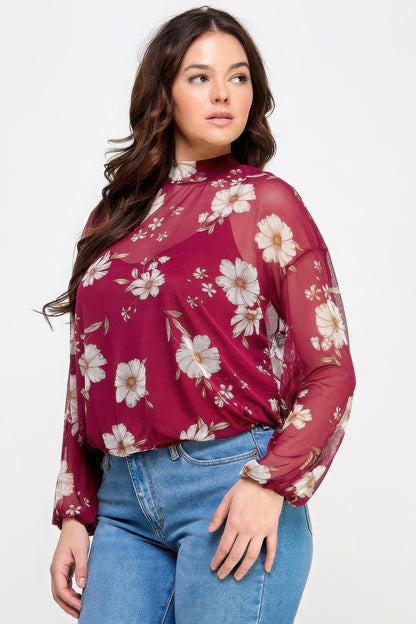 Mesh Floral Long Sleeve Top with Cami