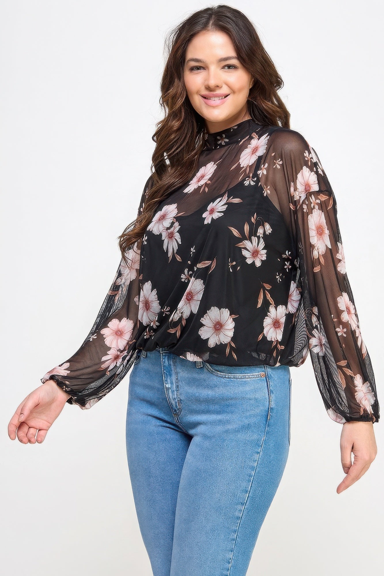 Mesh Floral Long Sleeve Top with Cami