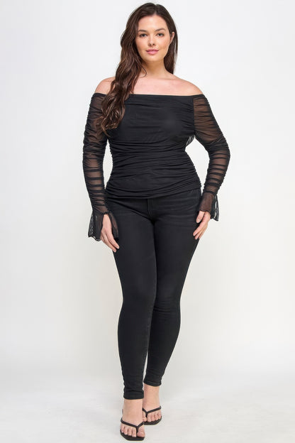 Plus Size Off-Shoulder Ruched Mesh Top