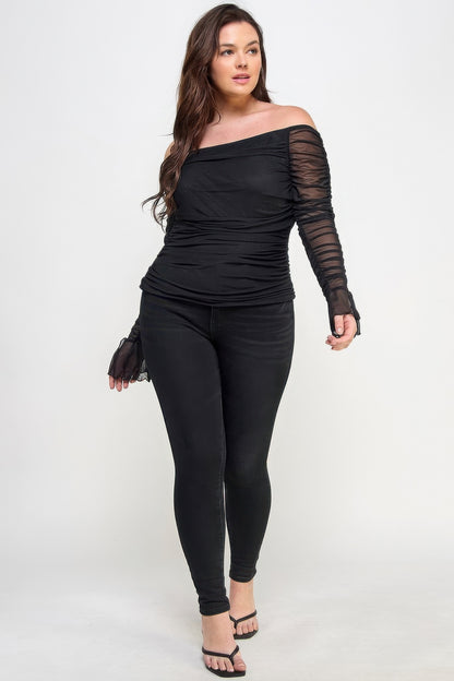 Plus Size Off-Shoulder Ruched Mesh Top