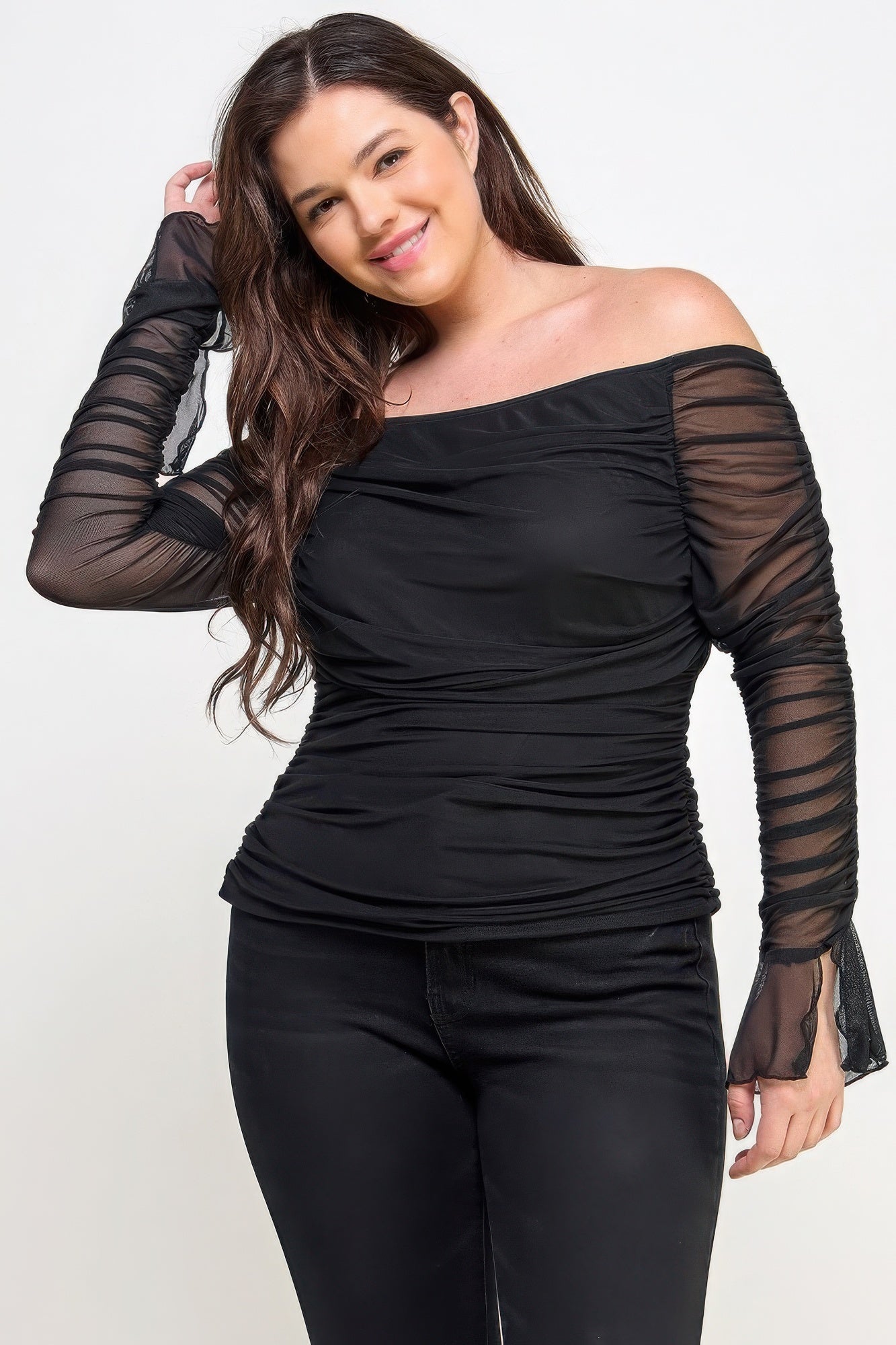 Plus Size Off-Shoulder Ruched Mesh Top