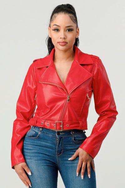 Wide Collar Buckle Belt Pu Leather Jacket - Fashions Envy