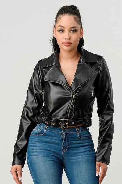 Wide Collar Buckle Belt Pu Leather Jacket - Fashions Envy