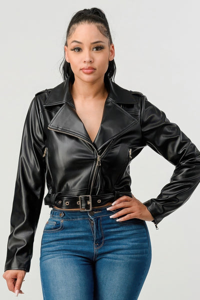 Wide Collar Buckle Belt Pu Leather Jacket - Fashions Envy