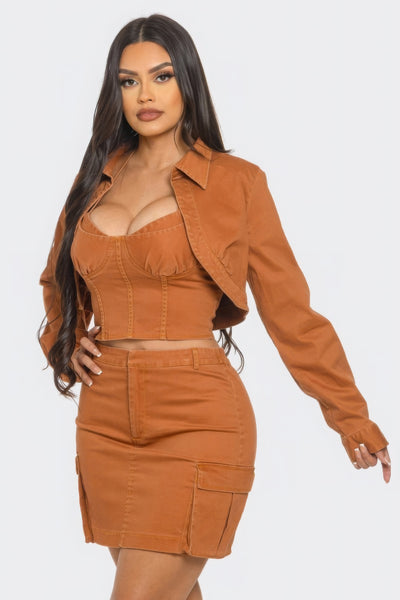 Chic Top & Coordinating Stylish Skirt Set with Crop Jacket - Fashions Envy