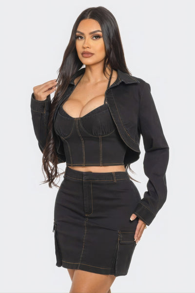 Chic Top & Coordinating Stylish Skirt Set with Crop Jacket - Fashions Envy