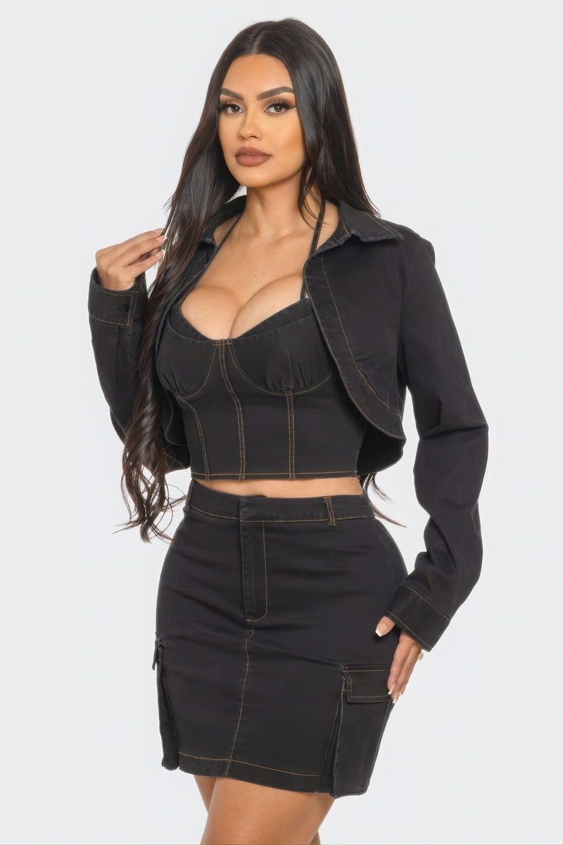 Chic Top & Coordinating Stylish Skirt Set with Crop Jacket