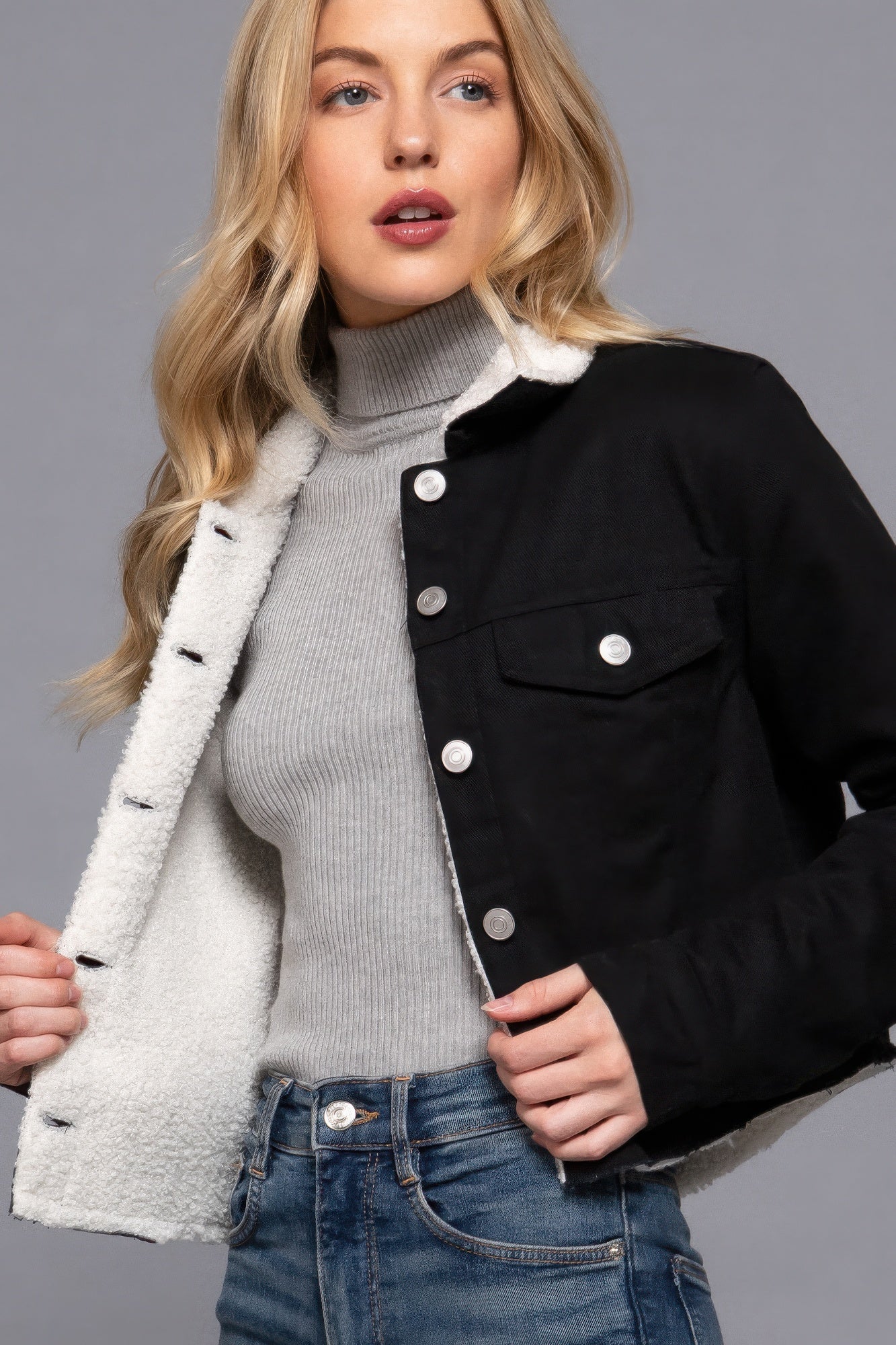 Button Closure Cozy Sherpa-lined Twill Jacket