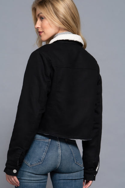 Button Closure Cozy Sherpa-lined Twill Jacket