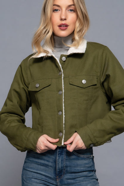 Button Closure Cozy Sherpa-lined Twill Jacket