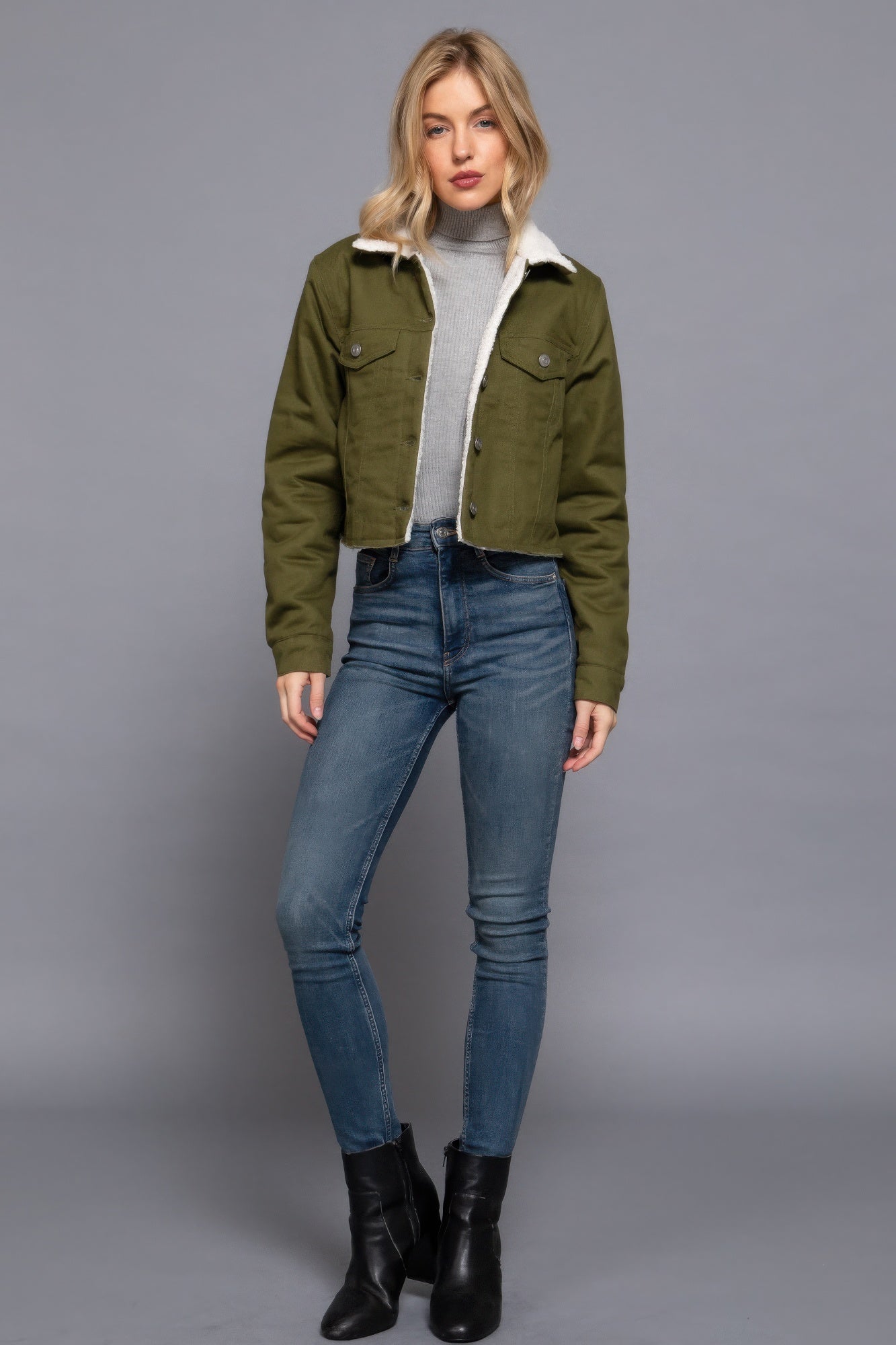 Button Closure Cozy Sherpa-lined Twill Jacket