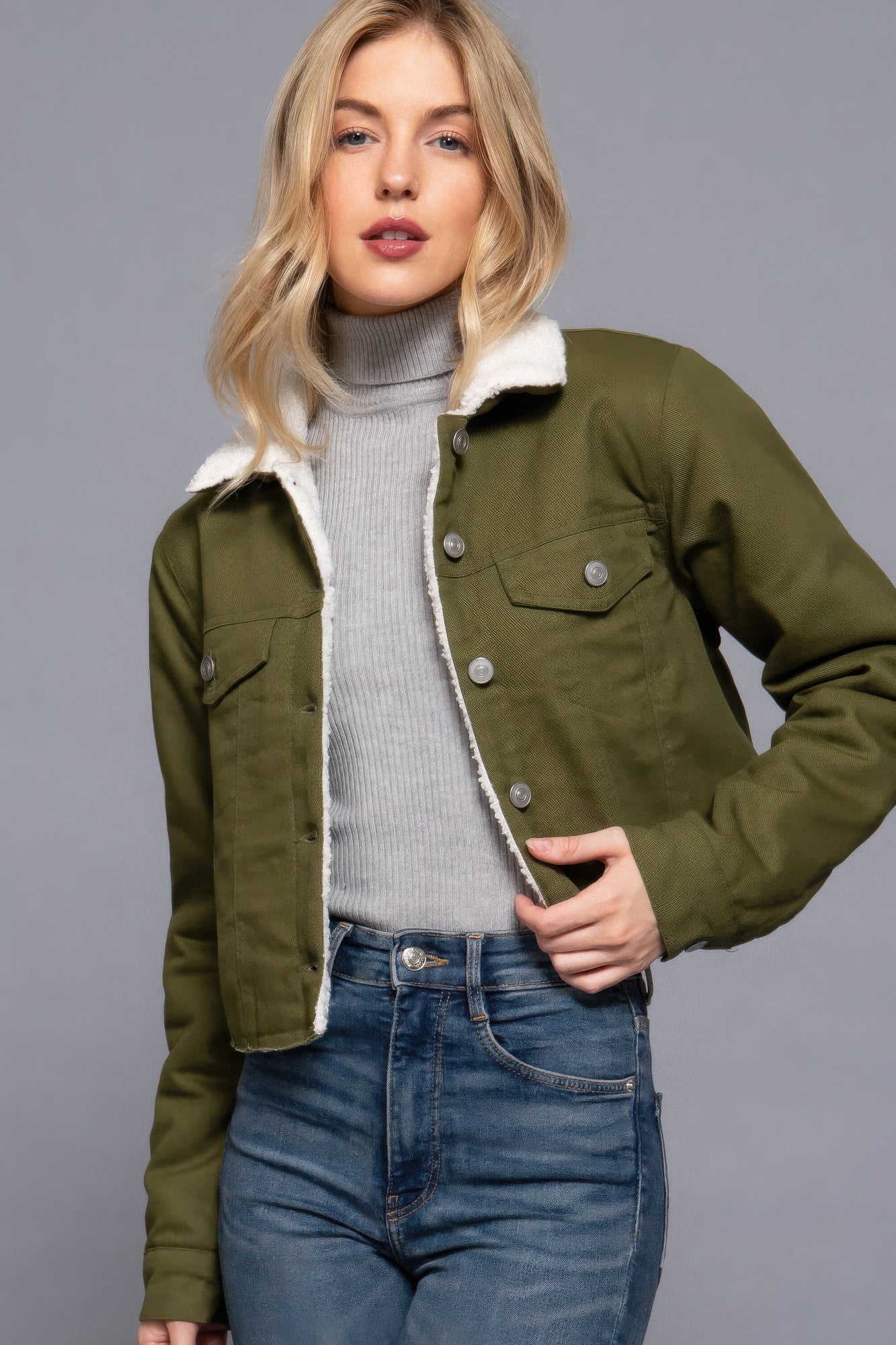 Button Closure Cozy Sherpa-lined Twill Jacket