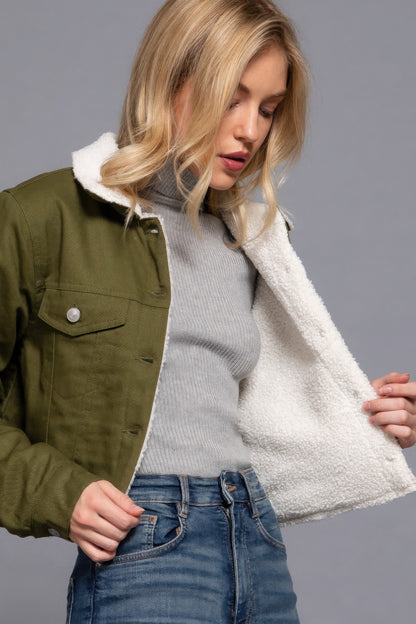 Button Closure Cozy Sherpa-lined Twill Jacket