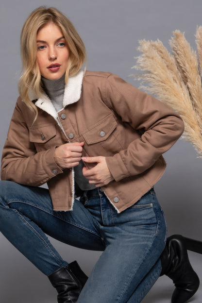 Button Closure Cozy Sherpa-lined Twill Jacket