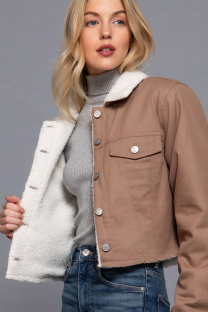 Button Closure Cozy Sherpa-lined Twill Jacket