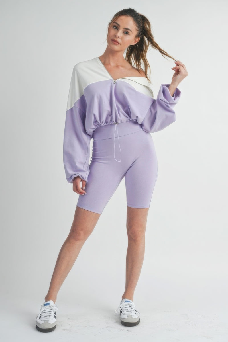 Half Zip Hoodie Top & Biker Shorts Set
