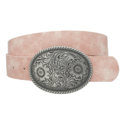 Flower Embossed Oval Buckle Vintage Strap Belt