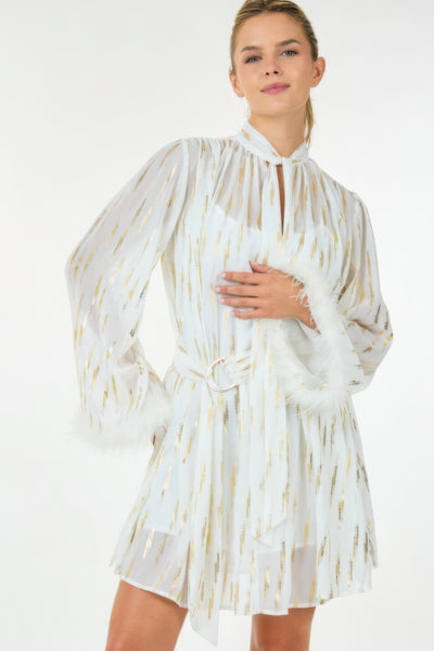 Boa Cuff Metallic Print Waist Belt Mini Dress