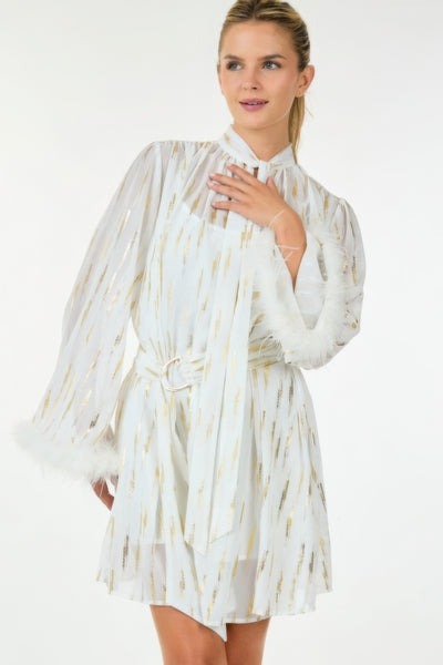 Boa Cuff Metallic Print Waist Belt Mini Dress