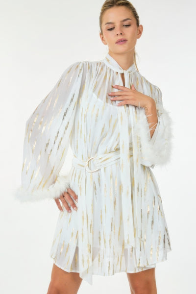 Boa Cuff Metallic Print Waist Belt Mini Dress