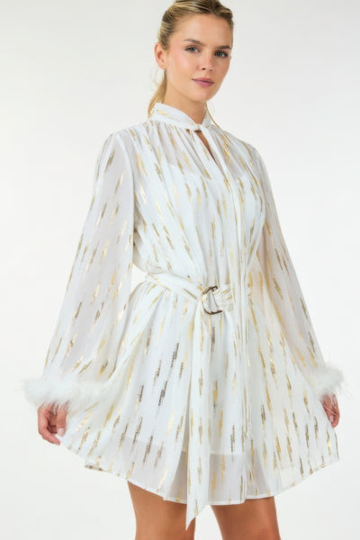 Boa Cuff Metallic Print Waist Belt Mini Dress