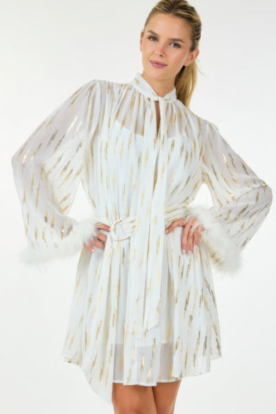 Boa Cuff Metallic Print Waist Belt Mini Dress